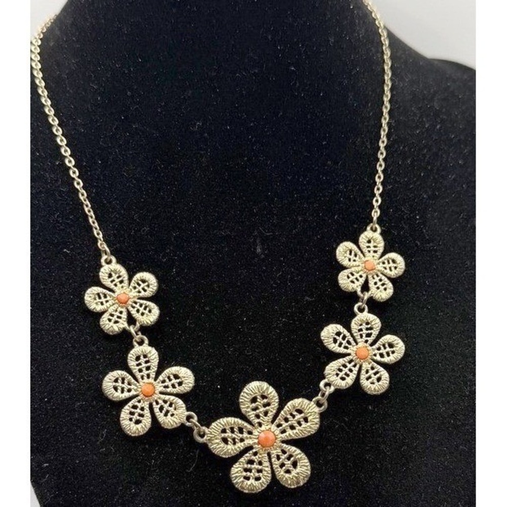 Gold Tone Daisy Floral‎ Statement Necklace Orange Center 16-19"